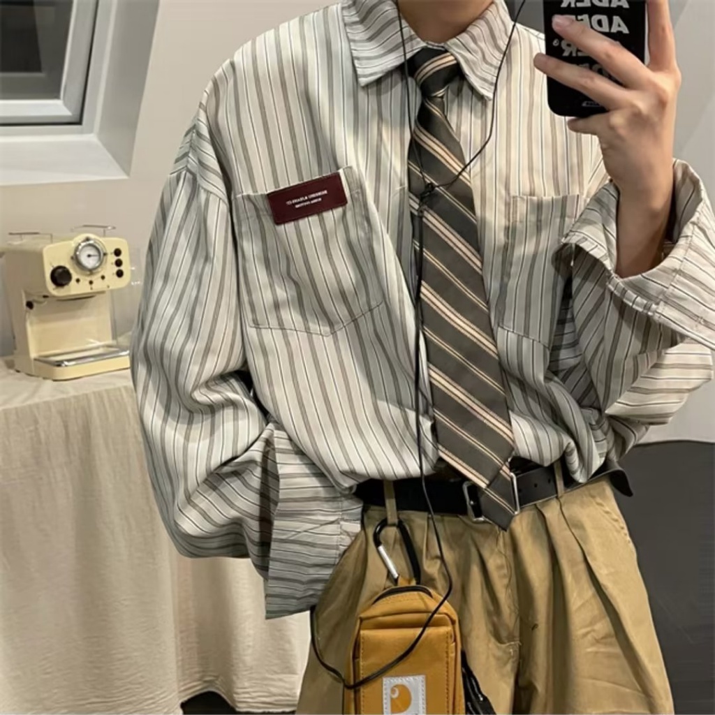 Cao Cấp Nam  Áo Nam  Trẻ Trung  Hàn Quốc  Bigsizenam Cotton Áo Sơ Mi  Màu Be Phom Rộng Không Nhăn Áo Sơ Mi Nam Hoạ Tiết Dài Tay