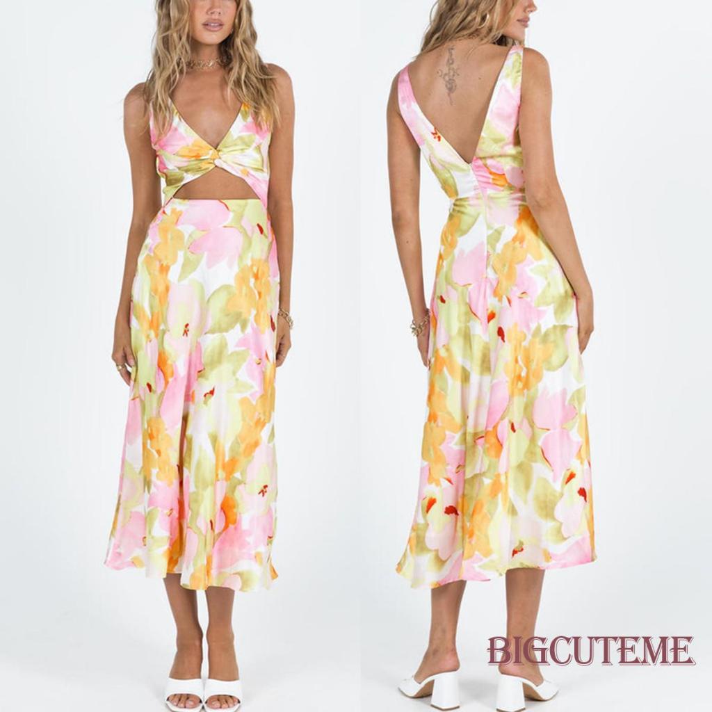 Đầm Dài Không Tay Cổ Chữ V Hở Lưng Họa Tiết Hoa Thời Trang Mùa Hè Cho Nữ