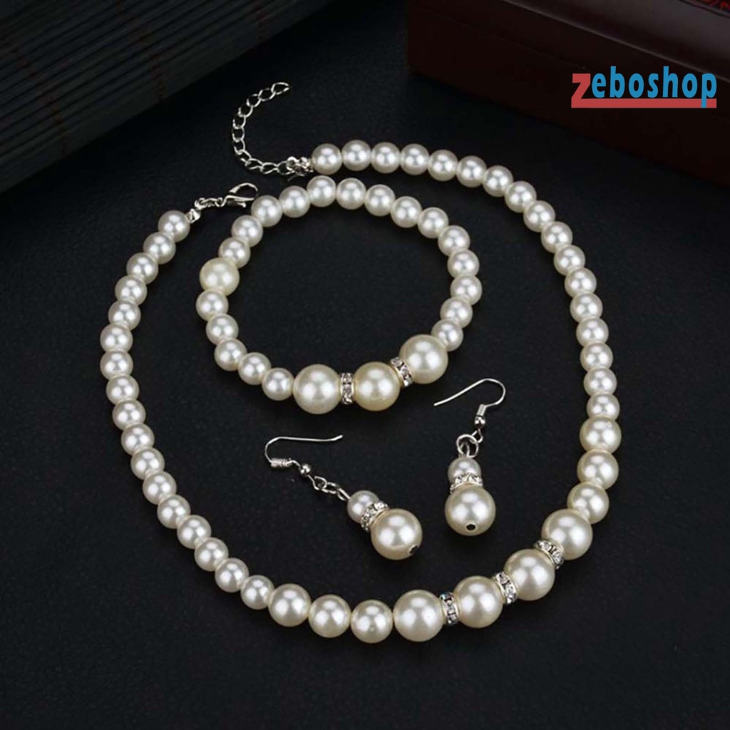 Bộ Trang Sức 3 Món Gồm Vòng cổ / Bông Tai / Vòng Tay Đính Ngọc Trai Nhân Tạo Thời