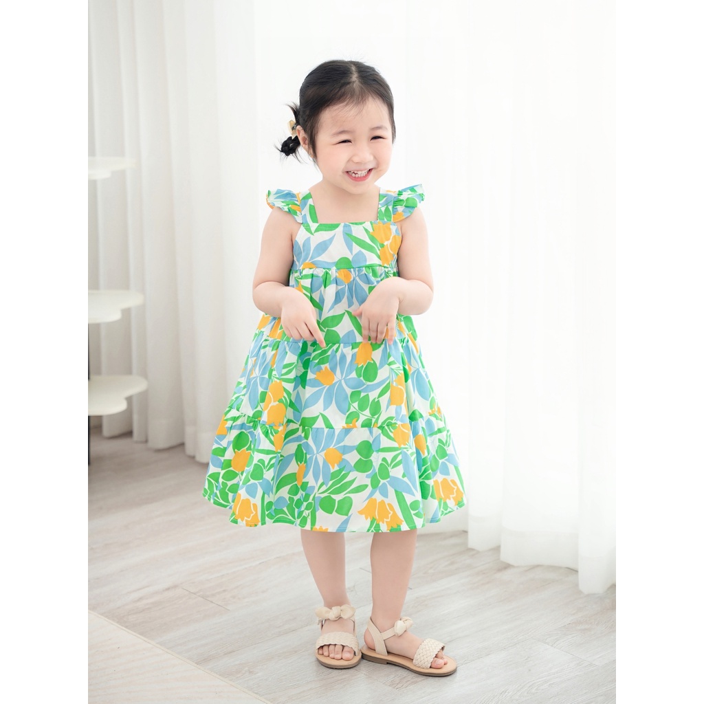 Váy Bé Gái Carrot 2 Dây Cánh Tiên, Họa Tiết Lá Xanh, Chất Thô Cotton Thoáng Mát Thấm Hút Mồ Hôi
