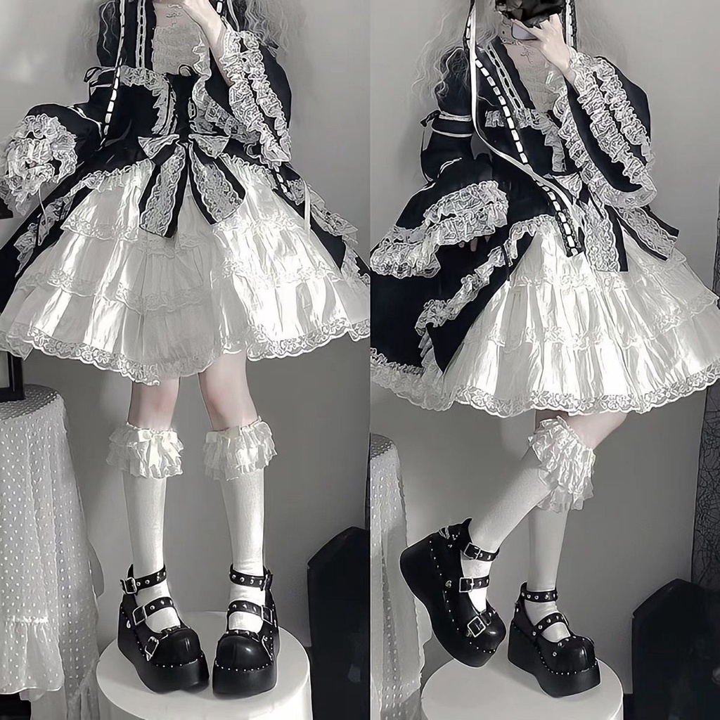 (Hàng Có Sẵn) Vớ Dài Ngang Bắp Chân Phối Ren Đính Nơ Phong Cách lolita Dành Cho Nữ