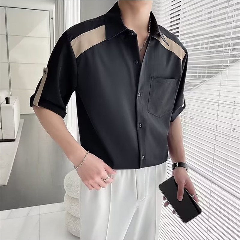 Áo Sơ Mi Tay Ngắn Cổ Đứng Họa Tiết Kẻ Sọc Phong Cách Hàn Quốc Thời Trang Mùa Hè 2023 Cho Nam