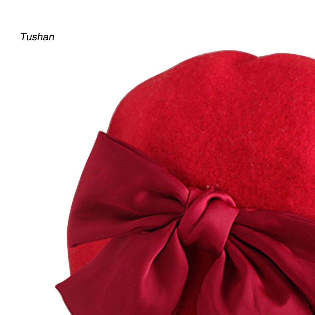 Mũ Beret Màu Trơn Giữ Ấm Thắt Nơ Đỏ Dễ Thương Cho Bé Gái 2-6 Tuổi