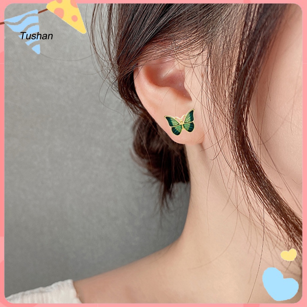 1 Đôi Bông Tai Hình Bướm Màu Xanh Lá Phong Cách Hàn Quốc