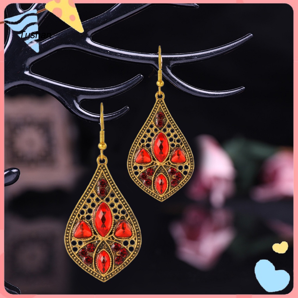 1 Cặp Bông Tai Giọt Nước Đính Đá Phong Cách Retro