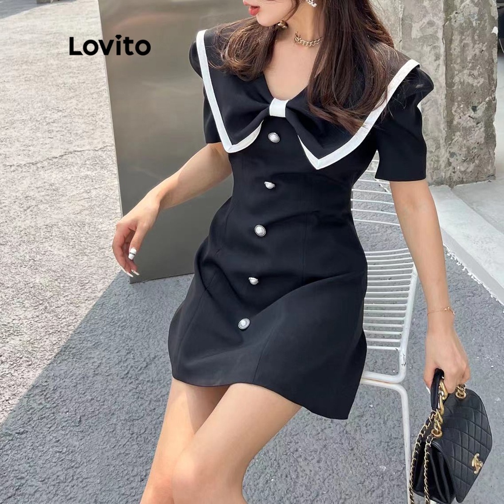 Đầm Lovito tay ngắn phối nơ xinh xắn cho nữ LNE12037 (màu đen)