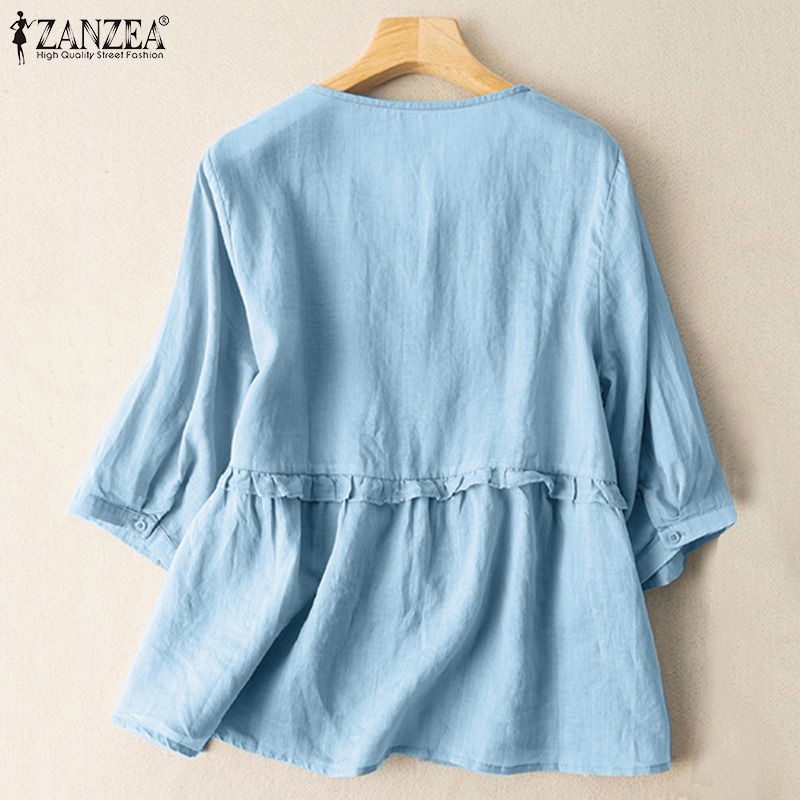 ZANZEA Áo Sơ Mi Nữ Tay Lửng Cổ Chữ V Màu Trơn Phong Cách Hàn Quốc