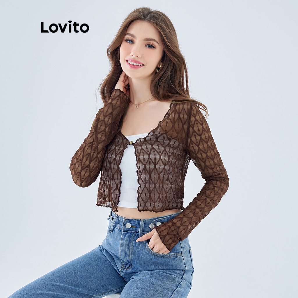 Áo cardigan Lovito dáng ngắn phối nút màu trơn thường ngày cho nữ L49ED064 (màu nâu đỏ)