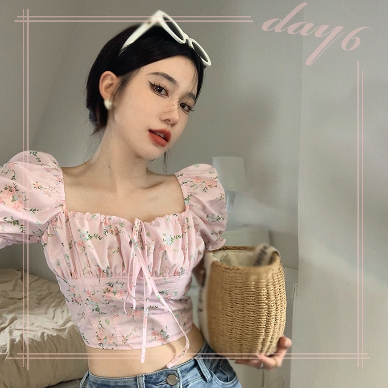Áo Croptop Tay Phồng In Hoa Xinh Xắn Dành Cho Nữ