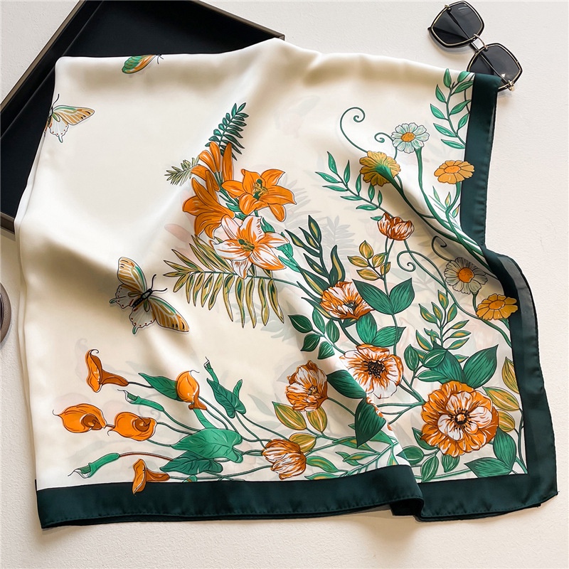 Khăn Choàng Cổ Hình Vuông Cỡ Lớn 110cm Vải Lụa Satin In Họa Tiết Hoa Và Bướm Thời Trang Mùa Hè Dễ Phối Đồ