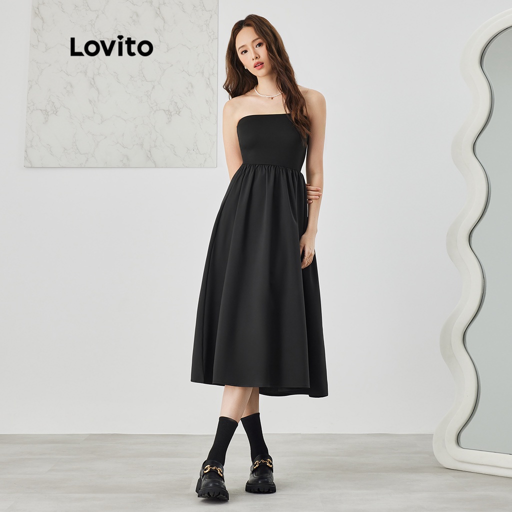 Đầm Lovito chất liệu tương phản màu đen trơn thanh lịch cơ bản cho nữ L47AD034 (màu đen)