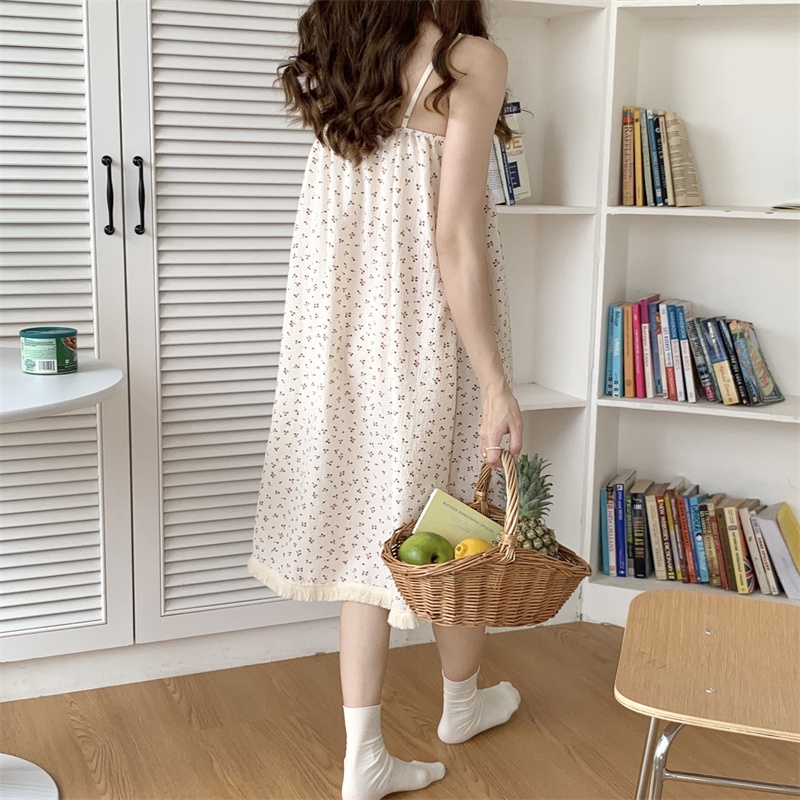 Đầm Ngủ Hai Dây Phối Ren Tua Rua In Hoa Dễ Thương Phong Cách Hàn Quốc Thời Trang Mùa Hè Cho Nữ