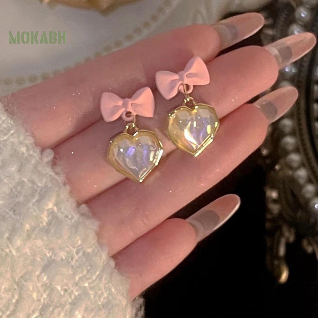 1 Đôi Bông Tai Hình Trái Tim Nơ Đính Ngọc Trai Nhân Tạo Lấp Lánh Sang Trọng