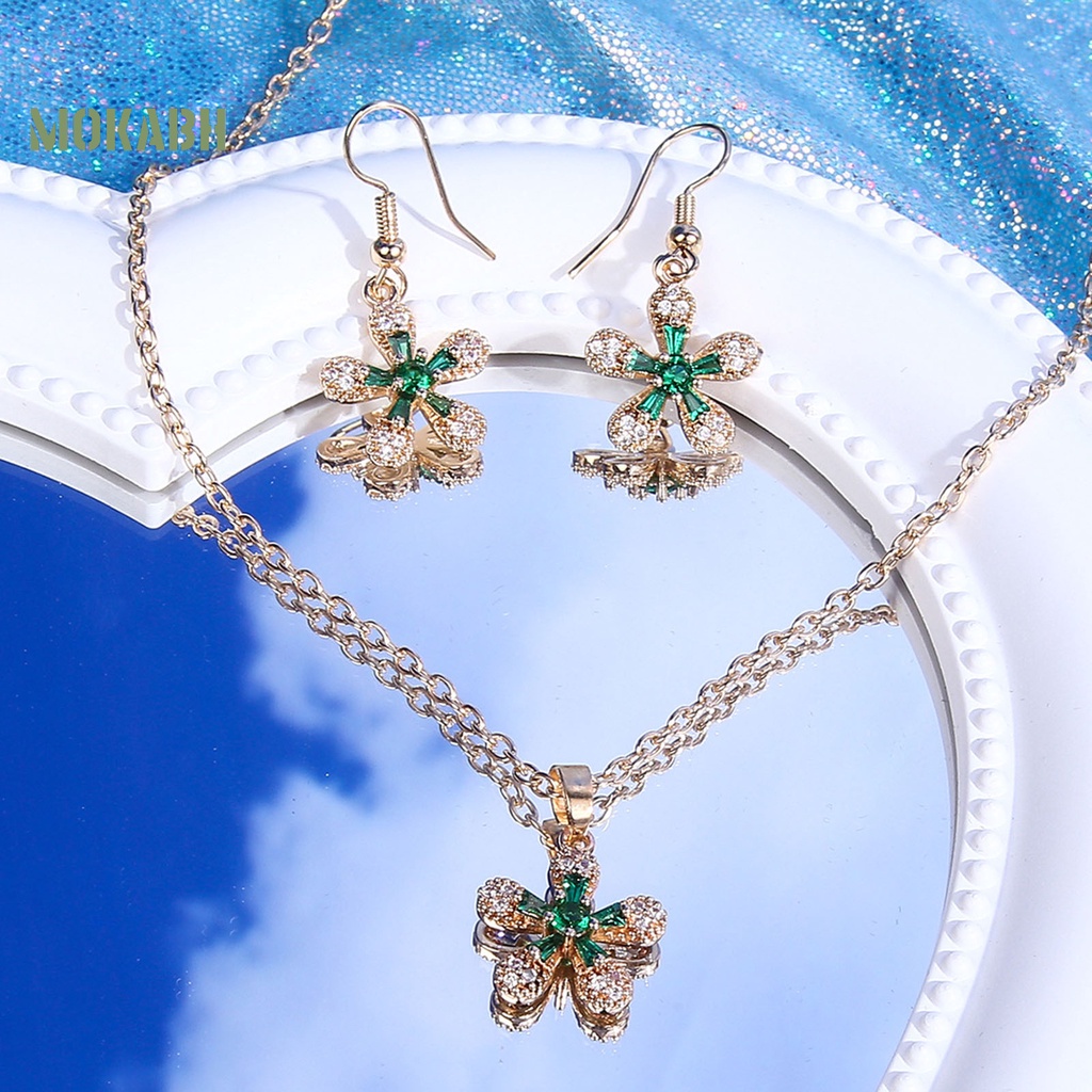 1 Bộ Vòng cổ + Bông Tai Đính Đá Zircon Hình Hoa Lấp Lánh Cho Nữ