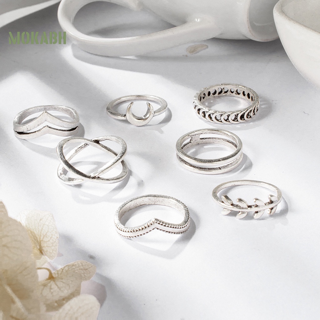 [Hot] Bộ 7 Nhẫn Hợp Kim Nhỏ Gọn Mặt Trăng Lá Cây Thánh Giá Cho Bữa Tiệc