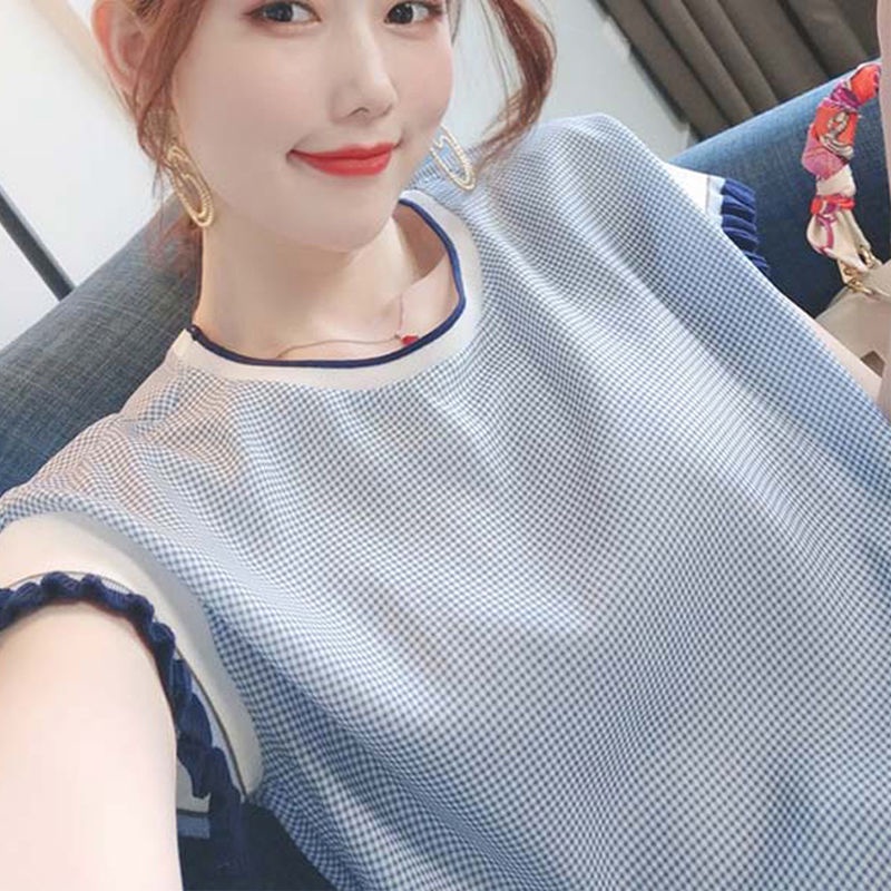 Áo Sơ Mi Chiffon Tay Ngắn Dáng Rộng Họa Tiết Caro Màu Xanh Dương Viền Gỗ Thời Trang Mùa Hè Hàn Quốc Cho Nữ