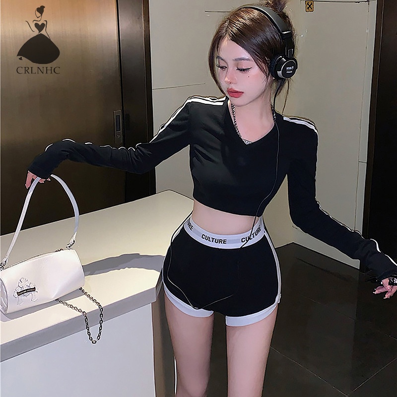 Crlnhc Set Đồ Thể Thao Hai Mảnh Áo Hoodie Màu Đen Phong Cách Nước Ngoài Giản Dị Thời Trang Dành Cho Bạn Nữ vn