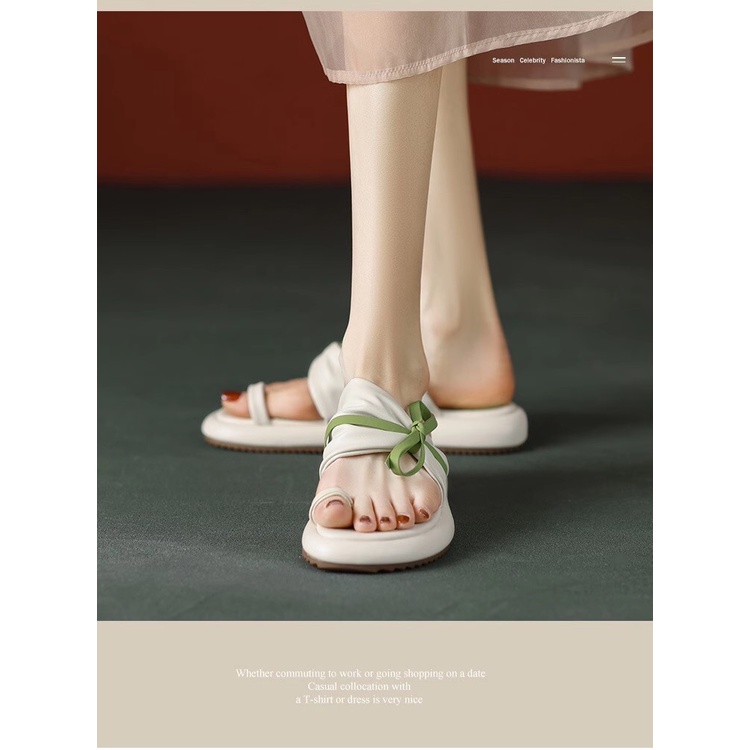 Duoya Tóc Thẳng ~ [Hàng Có Sẵn] Dép Xỏ Ngón Đế Phẳng Dày Đính Nơ Thời Trang Đi Biển Mùa Hè Cho Nữ Miễn Phí Vận Chuyển