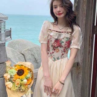 Đầm midi ngắn tay thêu họa tiết phong cách vintage pháp cho nữ