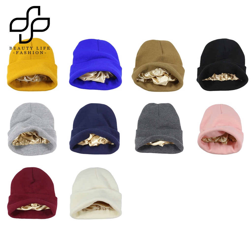 Mũ Beanie Satin Màu Trơn Không Vành Co Giãn Chống Lạnh Thời Trang Thu Đông Cho Nữ