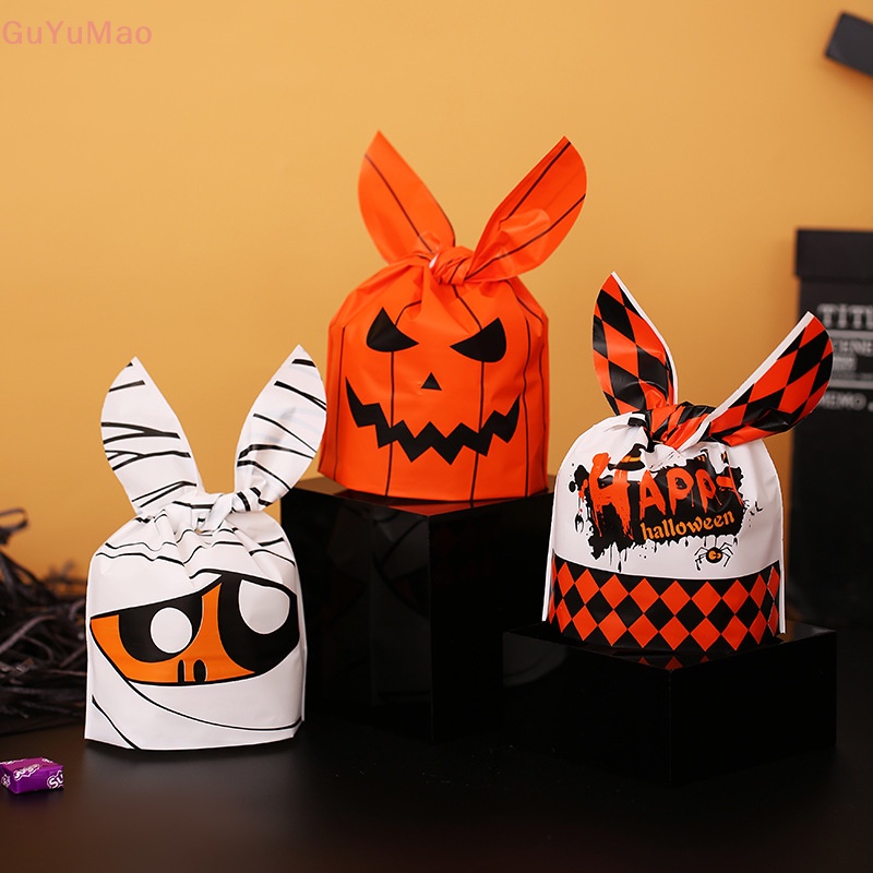 Set 50 Túi Nhựa Đựng Bánh Quy / Kẹo Hình Tai Thỏ Phong Cách Halloween Cho Bé