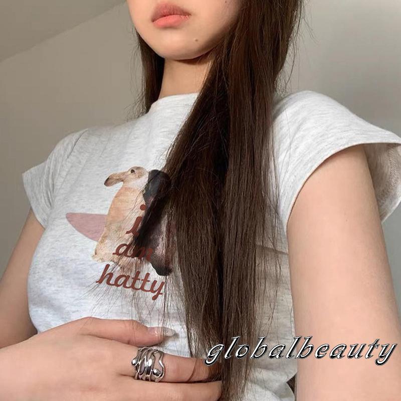 Áo Thun Crop Top Tay Ngắn In Hình Thỏ Dễ Thương Thời Trang Mùa Hè Cho Nữ