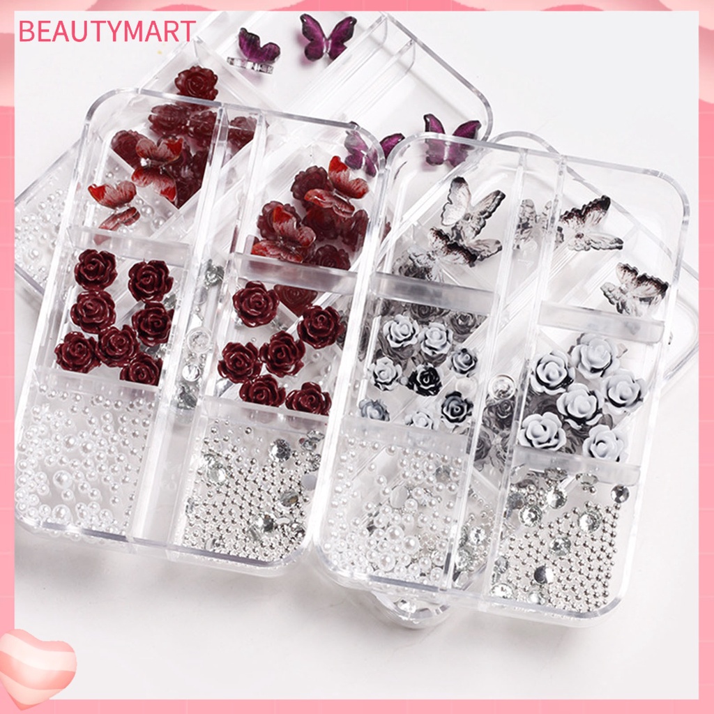 1 Hộp Phụ Kiện Trang Trí Móng Tay Hình Hoa Hồng Và Bướm 3D Bằng Nhựa Resin DIY