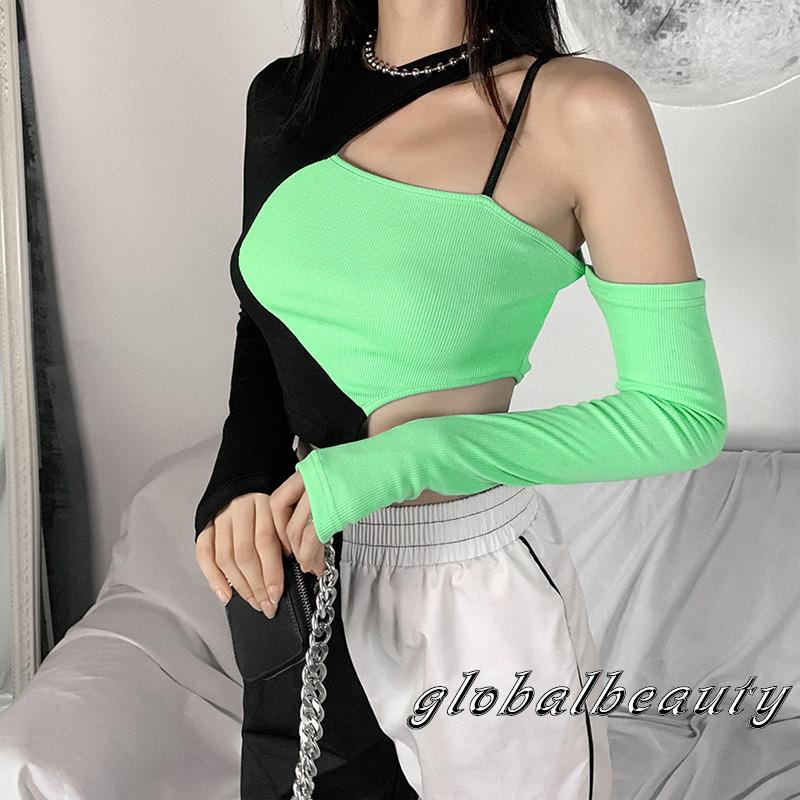 Áo Thun Dài Tay Lệch Vai Màu Sắc Tương Phản Dành Cho Nữ