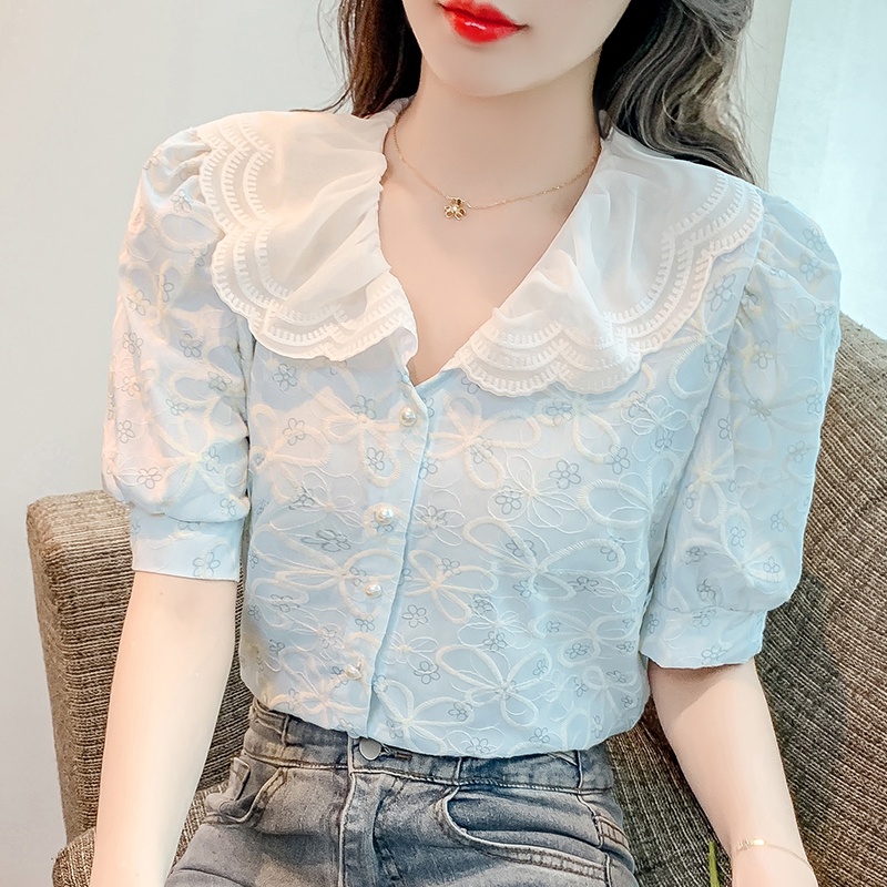 Áo Sơ Mi Voan Cổ Búp Bê / Dễ Phối Đồ / Mỏng / Thêu / Phong Cách Mới / Ren / Cá Nhân KNK0