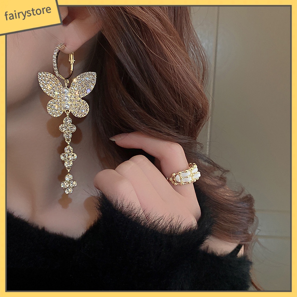1 Đôi Bông Tai Móc Hình Bướm Đính Ngọc Trai Giả Lấp Lánh Dành Cho Nữ