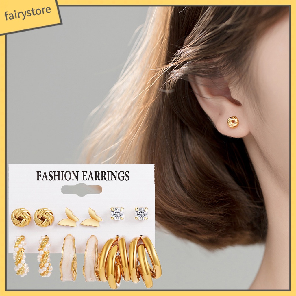 Set 6 Đôi Bông Tai Dạng Vòng Thời Trang Dành Cho Nữ