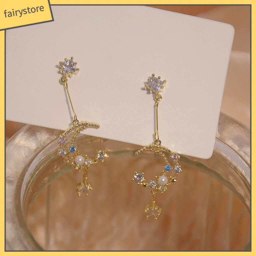 1 Đôi Bông Tai Hình Mặt Trăng Đính Đá Nhiều Màu Thời Trang Dành Cho Nữ