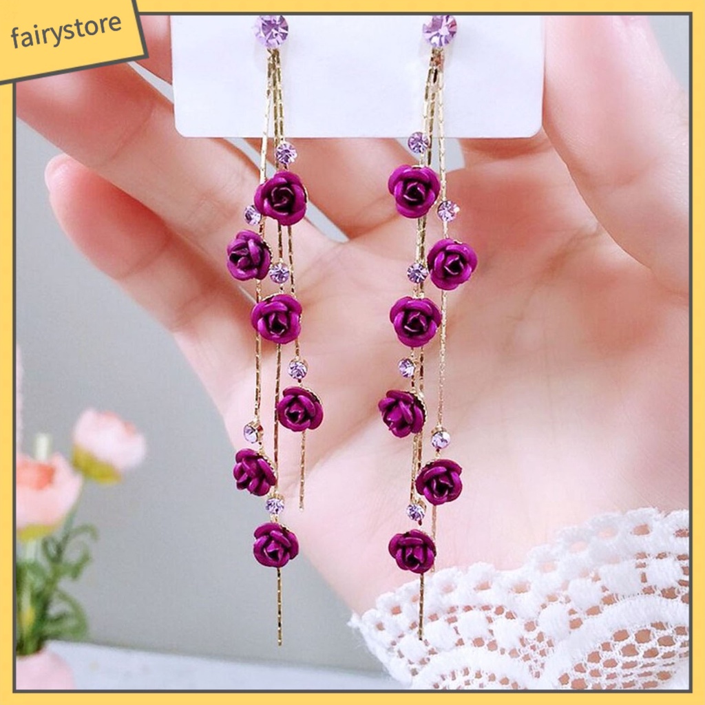 1 Đôi Bông Tai Dài Hình Hoa Hồng Đính Đá Lấp Lánh Dành Cho Nữ