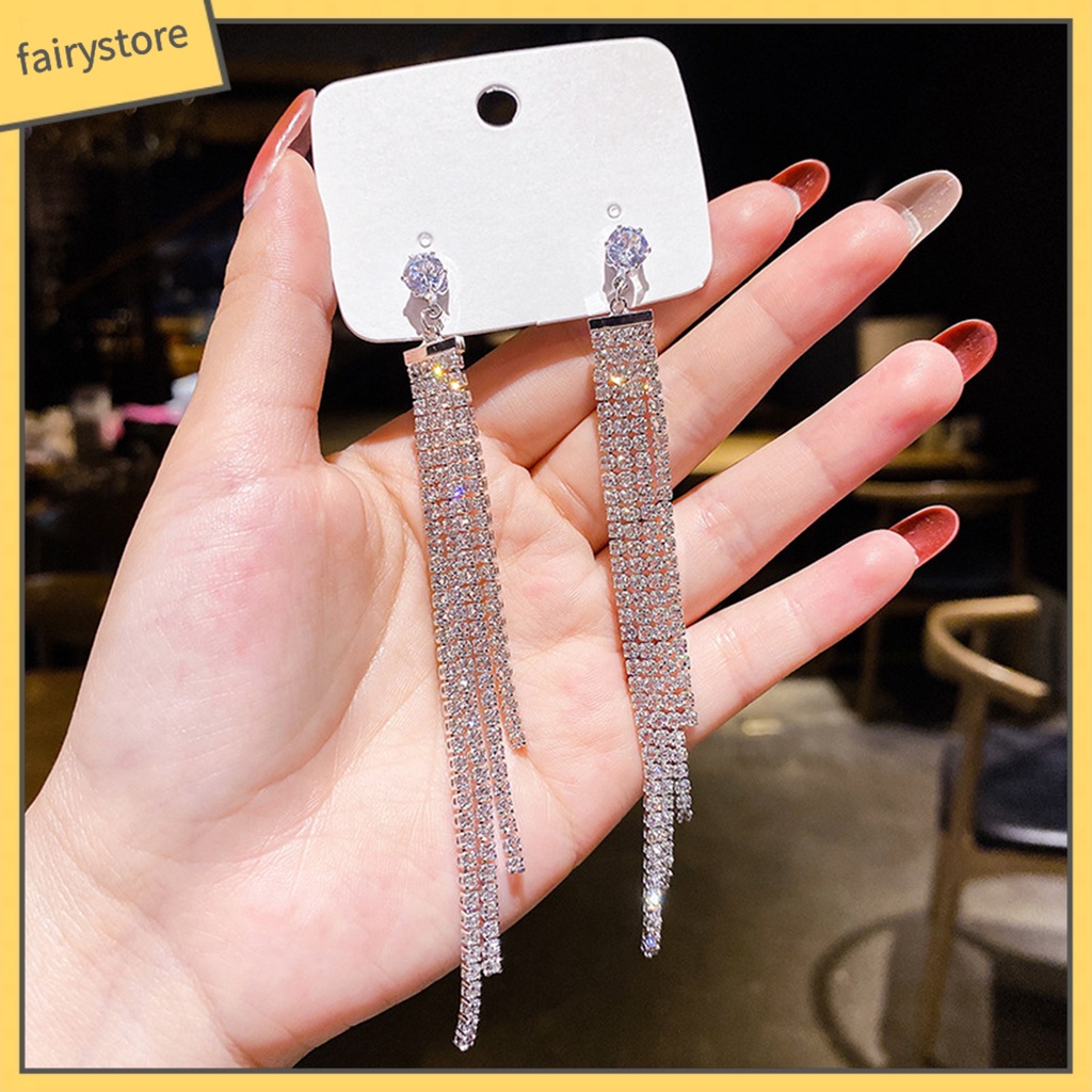 1 Đôi Bông Tai Dáng Dài Đính Đá Lấp Lánh Thời Trang Cho Nữ