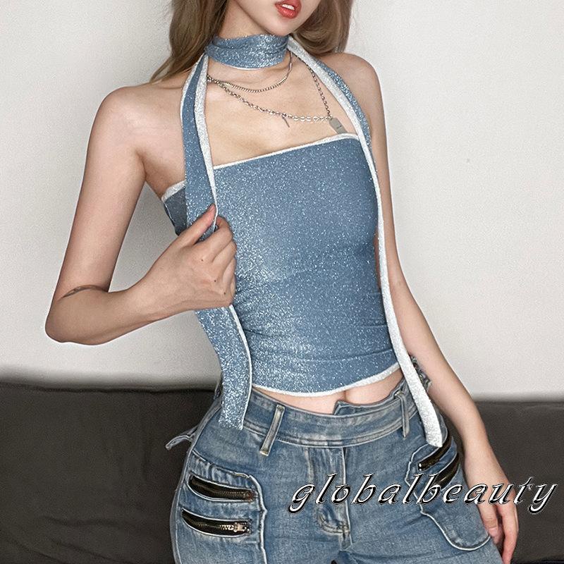 Bộ Trang Phục 2 Mảnh Gồm Áo Croptop Màu Sắc Tương Phản Và Khăn Choàng Cổ Thời Trang Mùa Hè Cho Nữ