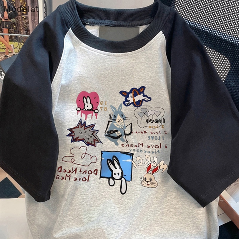 Mfc Áo Thun Mùa Hè Tay Cộc Phối Màu Tương Phản In Họa Tiết Cổ Điển WTD