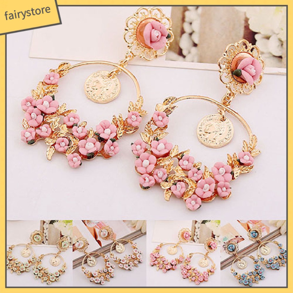 [FRO] Khuyên Tai Tròn Họa Tiết Hoa Thời Trang Dành Cho Nữ