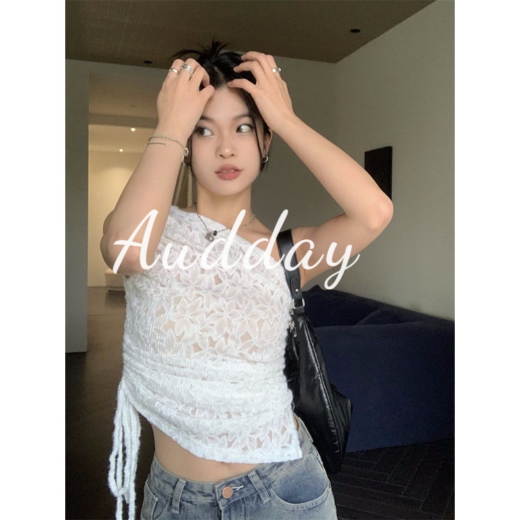 Audday Áo Ngắn Nhỏ Ôm Dáng Thiết Kế Lệch Vai Phối Ren Màu Trơn Kiểu Pháp Thời Trang Mùa Hè Hàng Mới Dành Cho Bạn Nữ