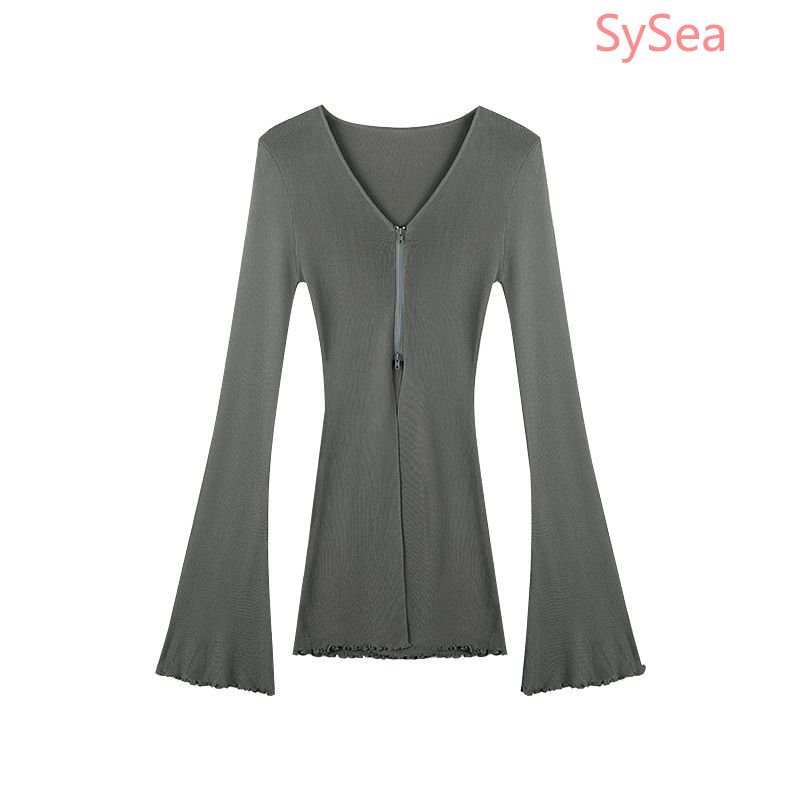 Áo Kiểu Tay Loe Cổ Chữ V Phối Khóa Kéo Thời Trang Mùa Hè Cho Nữ