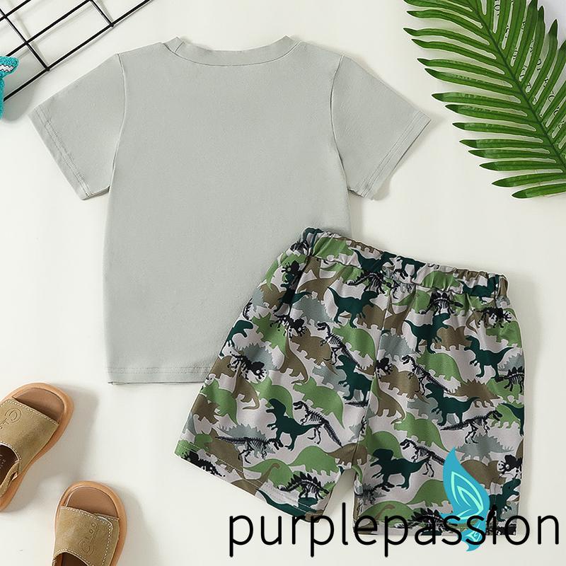 Bộ Áo Thun Tay Ngắn In Hình Khủng Long Phối Quần Short Lưng Thun Thời Trang Mùa Hè Cho Bé Trai
