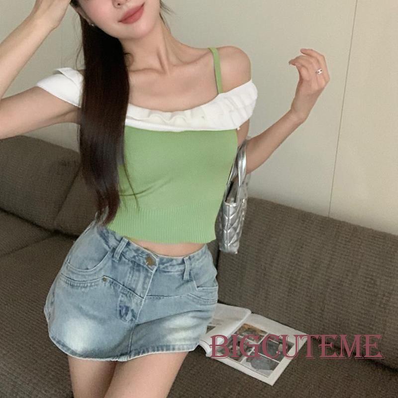 Áo Dệt Kim Sát Nách Hở Vai Phối Bèo Thời Trang Mùa Hè Cho Nữ