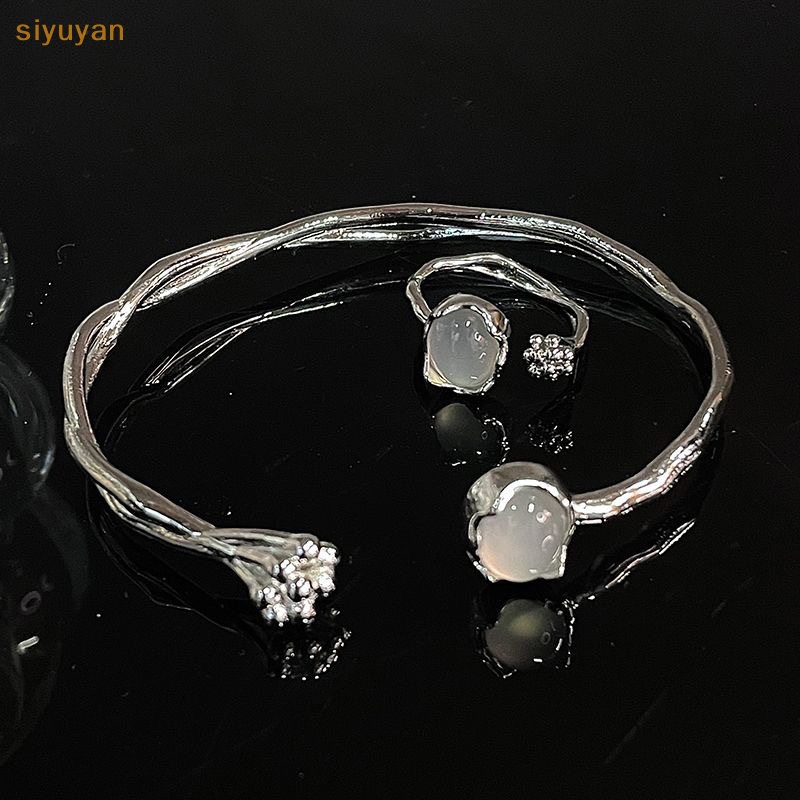 Vòng Đeo Tay Kèm Nhẫn Đá Mặt Trăng Sáng Tạo Có Thể Điều Chỉnh Kích Thước Cho Nữ