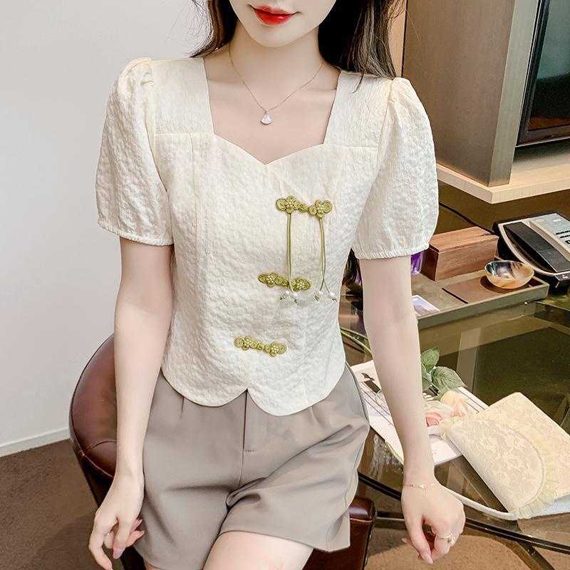 Áo Kiểu Tay Phồng Phối Nút Phong Cách Trung Hoa Thời Trang Mùa Hè 2023