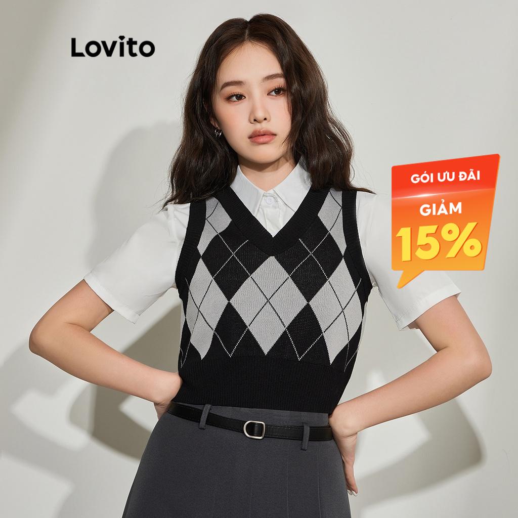 Áo LOVITO dệt kim họa tiết kẻ sọc hình học phong cách đi học cá tính cho nữ L45AD021 (màu đen)