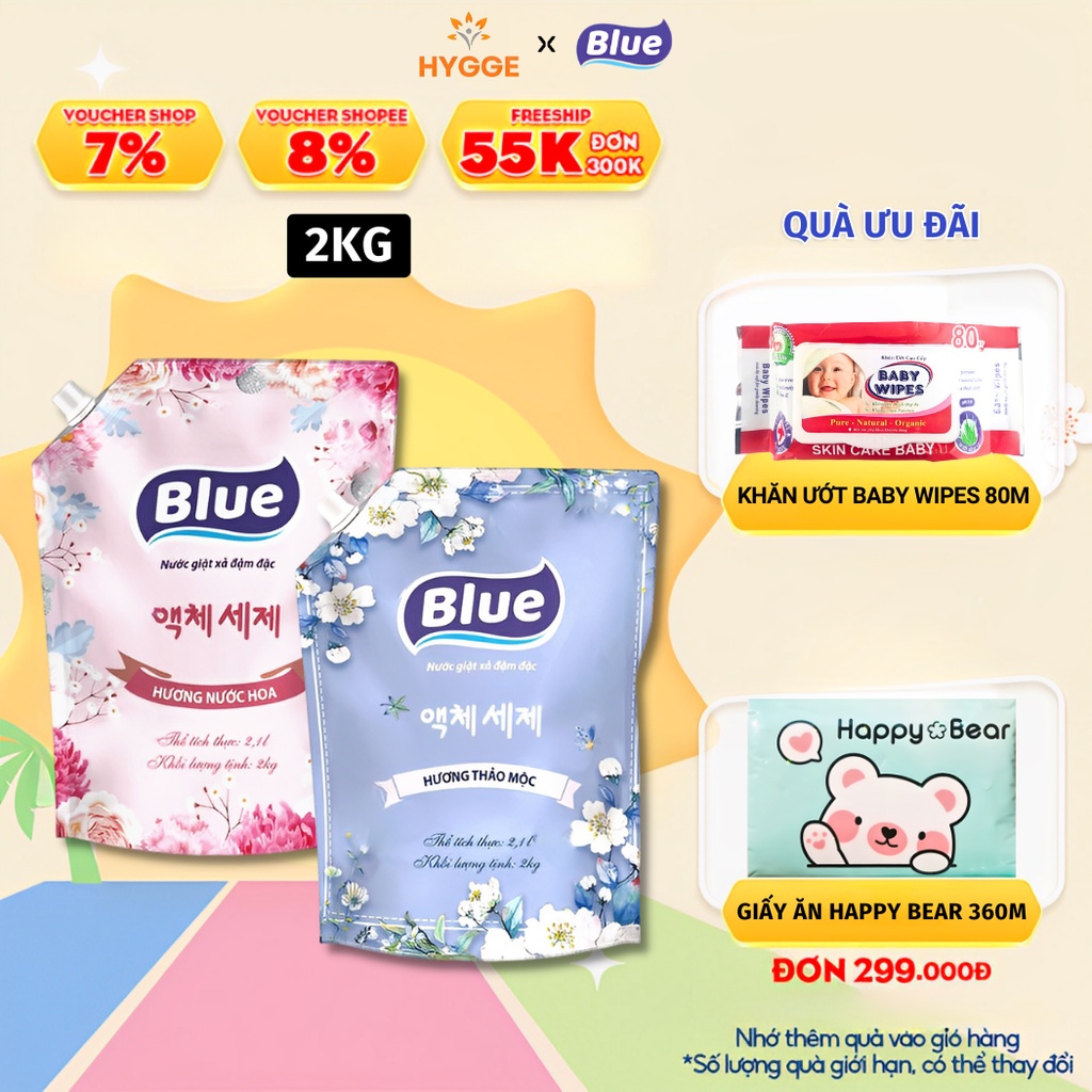 Nước Giặt Blue Hàn Quốc Giặt Xả Quần Áo Thơm Lâu Túi 2Kg