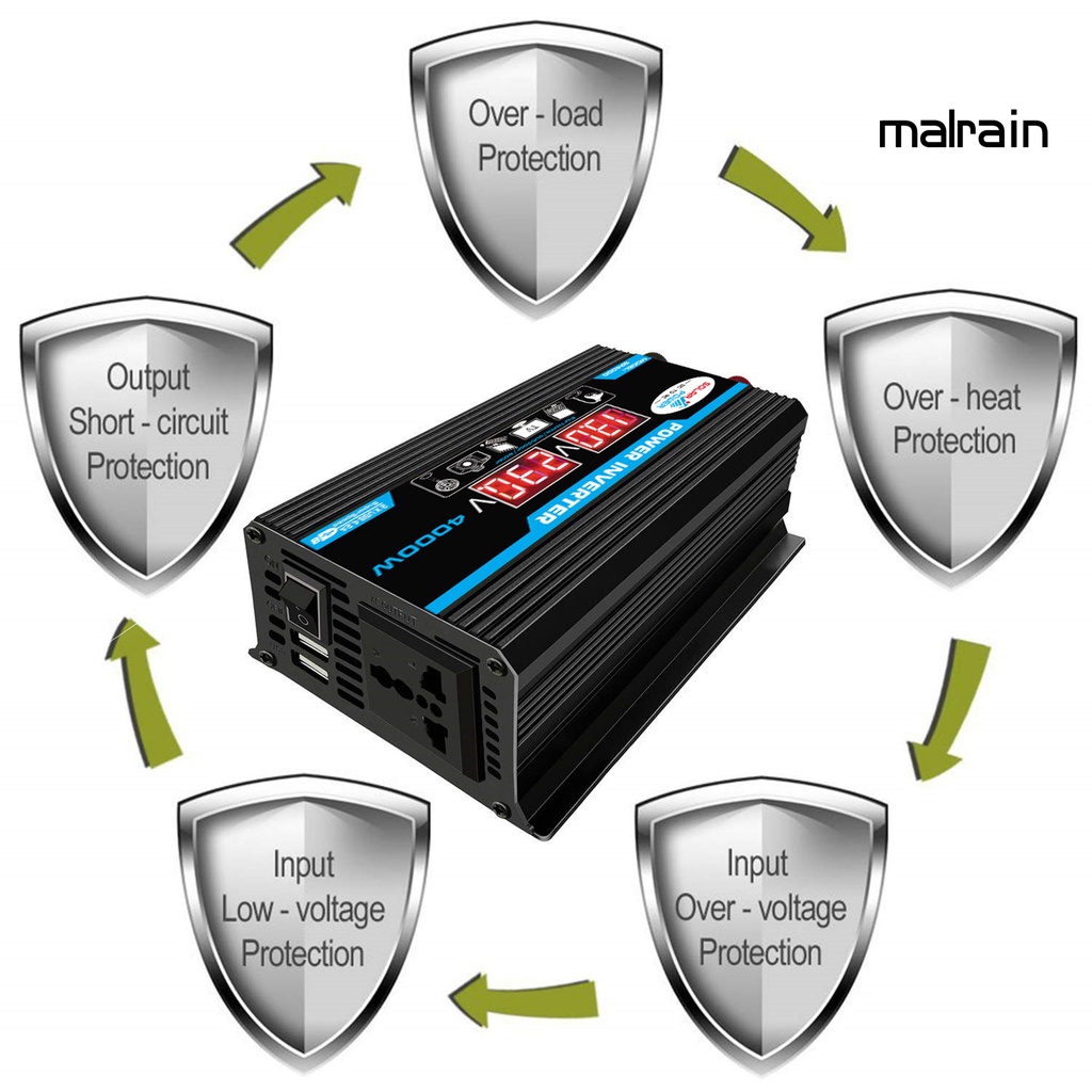 Bộ Chuyển Đổi Điện Áp MAL- 4000W 12V Sang 220V Hai Cổng USB Có Màn Hình LED Hiển Thị Điện Áp Cho Xe Hơi