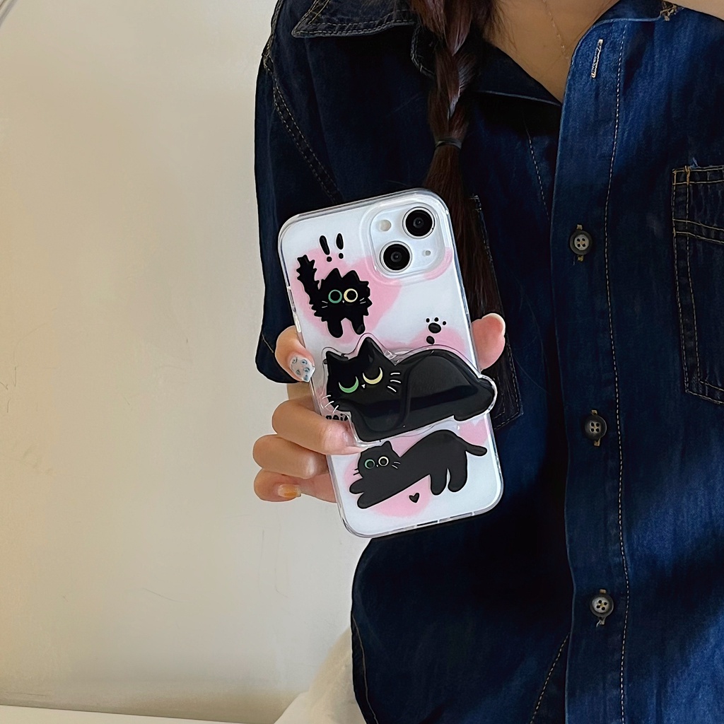 Ốp Điện Thoại imd Mềm Trong Suốt In Hình Mèo Đen Dễ Thương Có Giá Đỡ Cho iPhone 11 13 12 14 Pro Max