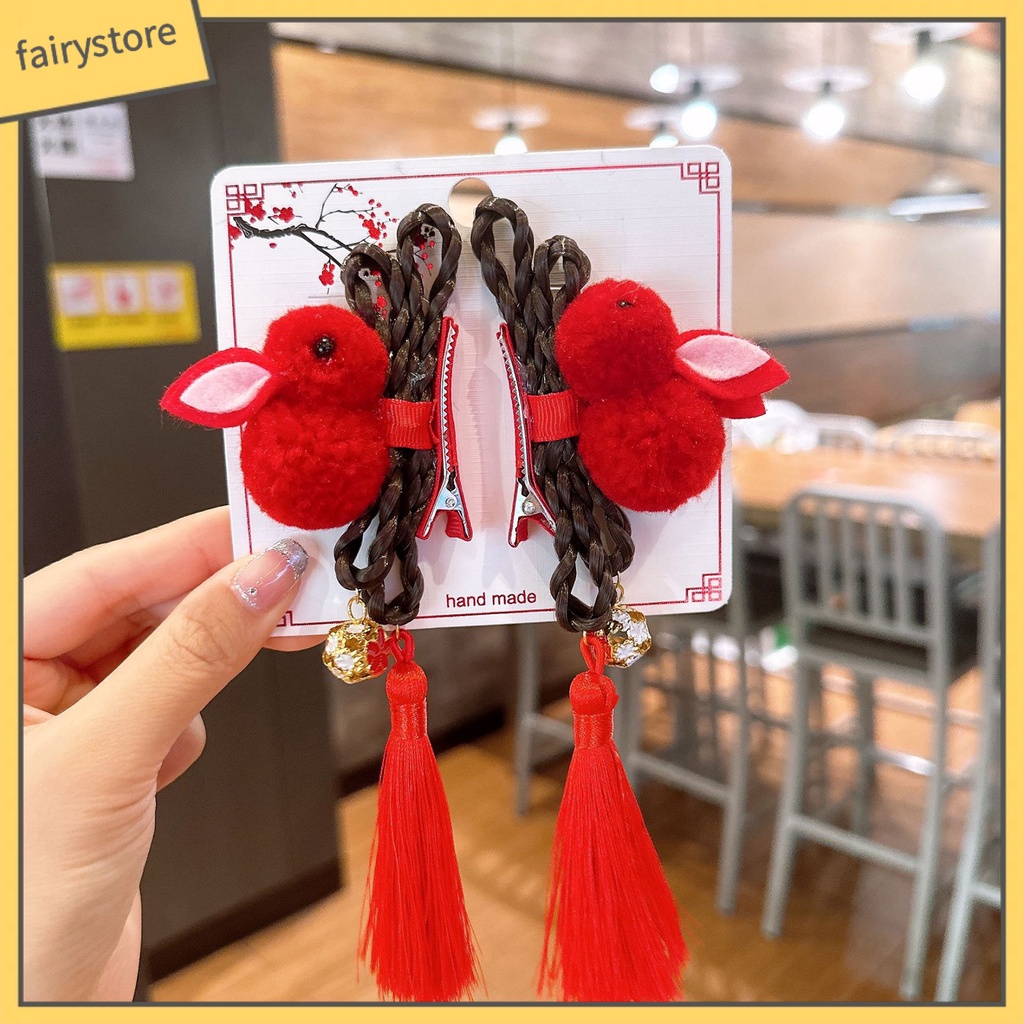 1 Cặp Kẹp Tóc Đính Tua Rua Thiết Kế Hình Thỏ Màu Sắc Dễ Thương Phong Cách Trung Hoa Cho Bé Gái