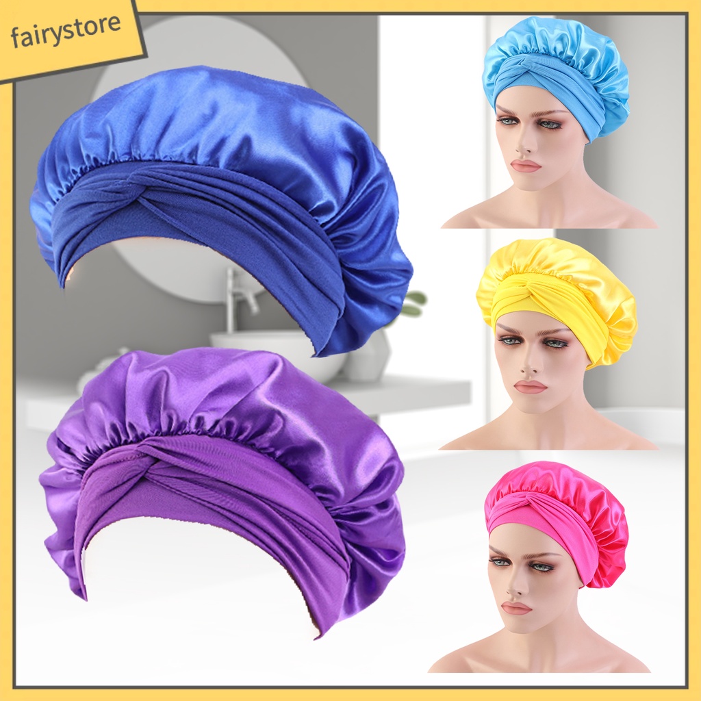 Mũ Trùm Đầu Bằng Lụa Satin Co Giãn Màu Trơn Phối Ren Chăm Sóc Tóc Khi Ngủ Cho Nữ