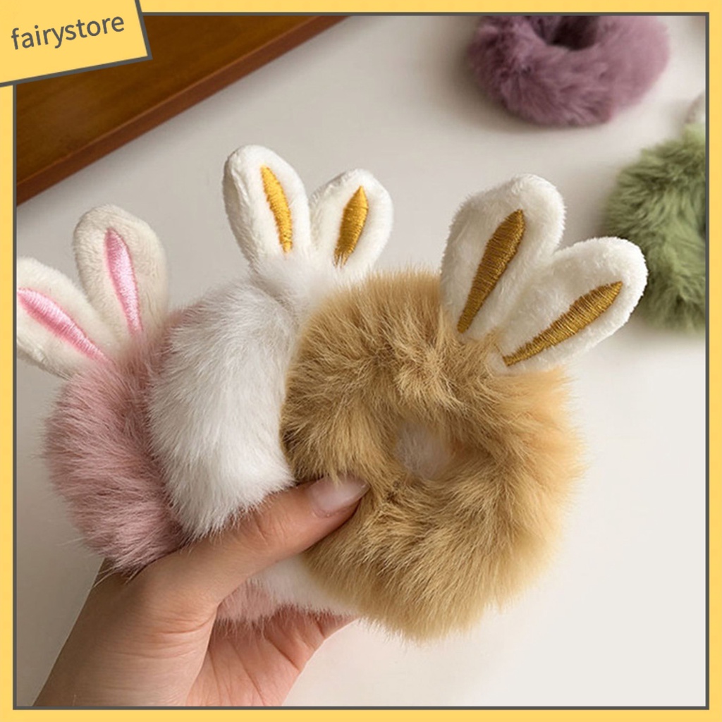 Dây Cột Tóc Tai Thỏ Lông Nhung Mềm Co Giãn Cao Chống Trượt Màu Kẹo Ngọt